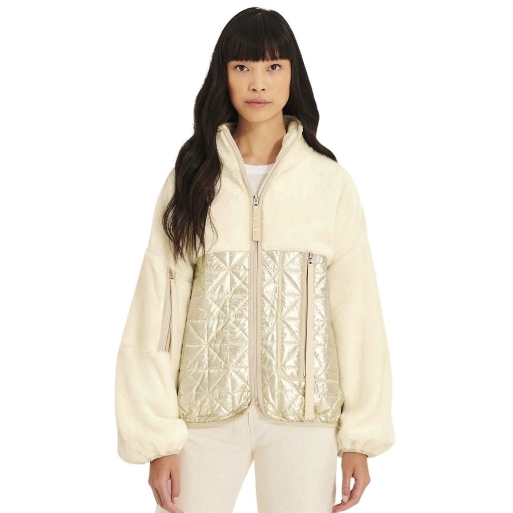UGG Marlene Cream & Gold Full Zip Faux Fur Quilted Jacket NWT - Size Small